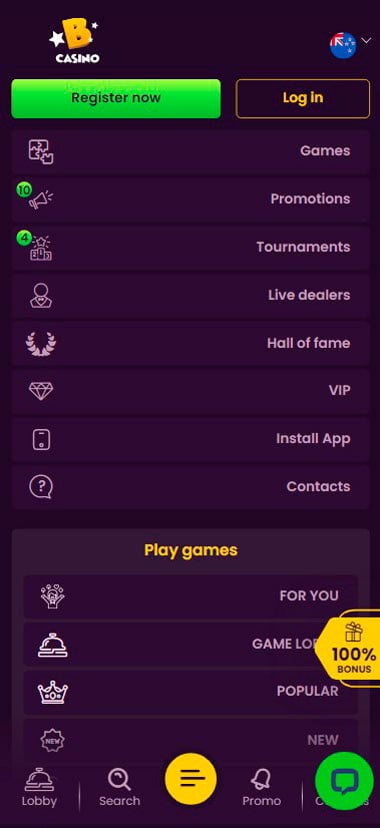 Bizzo Casino Mobile Menu