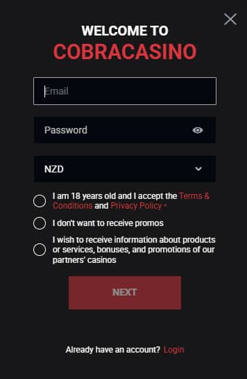 Cobra Casino registration