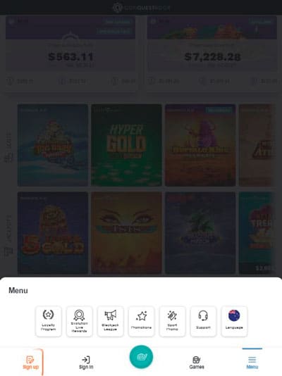 Conquestador Casino Mobile Menu