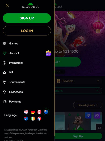 KatsuBet Casino Mobile Menu