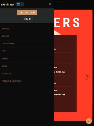 King Billy Casino Mobile Website Menu