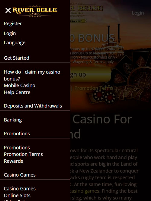 River Belle Casino Mobile Menu