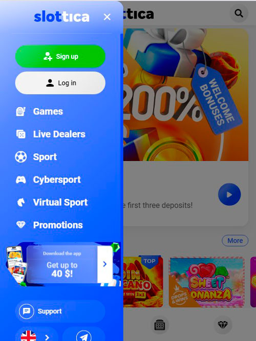 Slottica Casino Mobile Menu