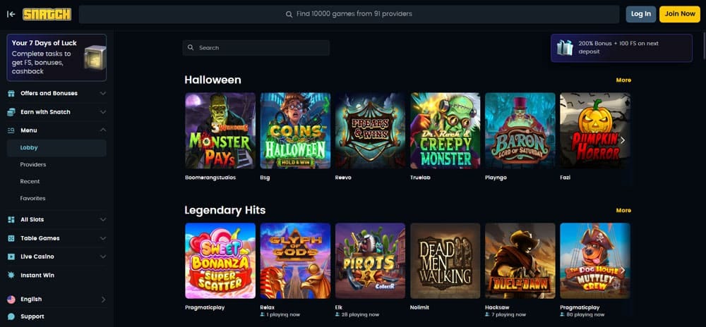 Snatch Casino Site Design and Interface