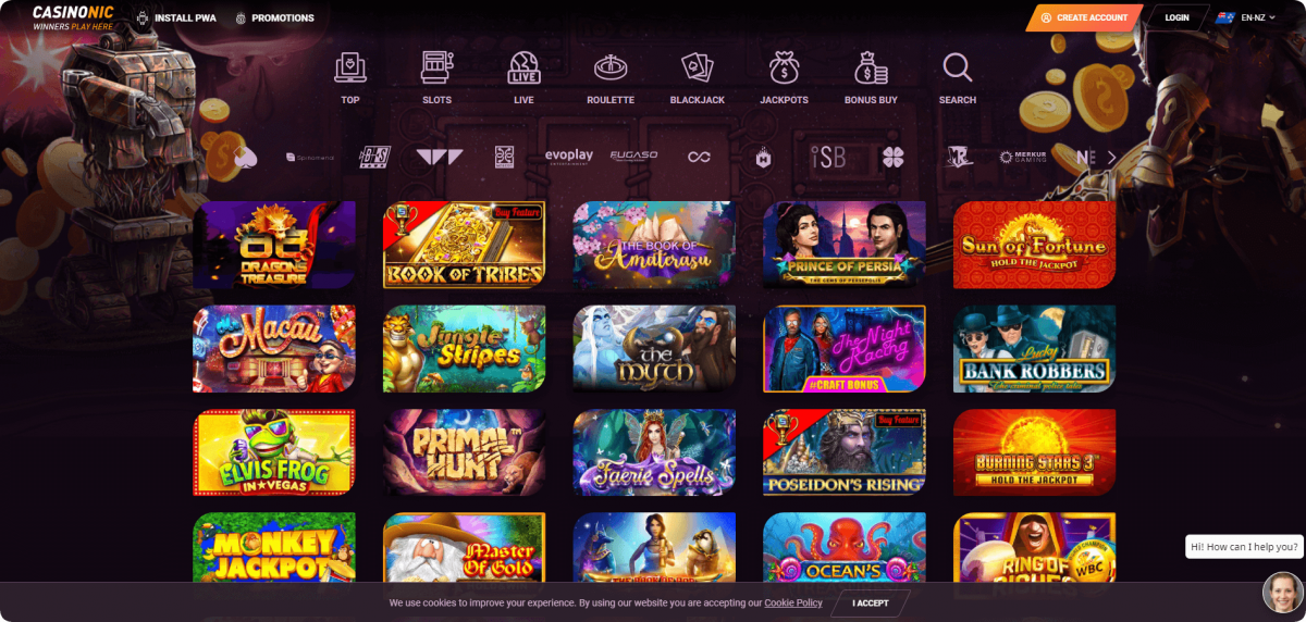 Casinonic casino lobby interface showing game categories