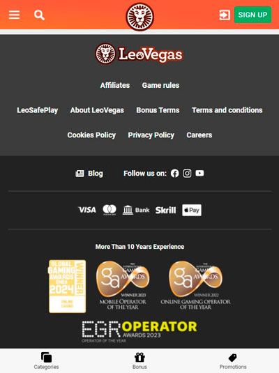 Leo Vegas Mobile App Footer