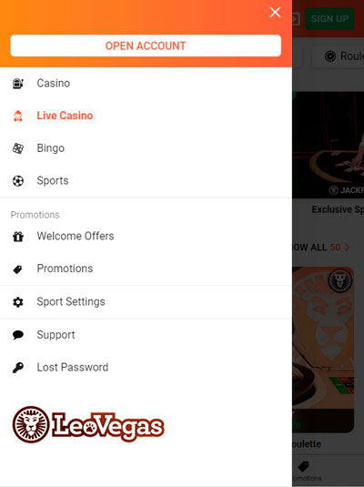 Leo Vegas Mobile App Menu